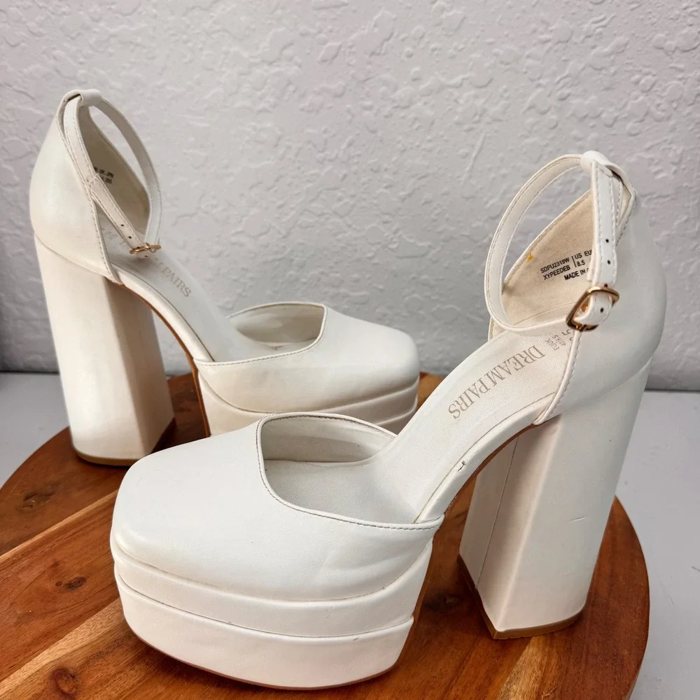 Dream Pairs White Double Platform Chunky Block Heel Square Toe Pumps Size 8.5